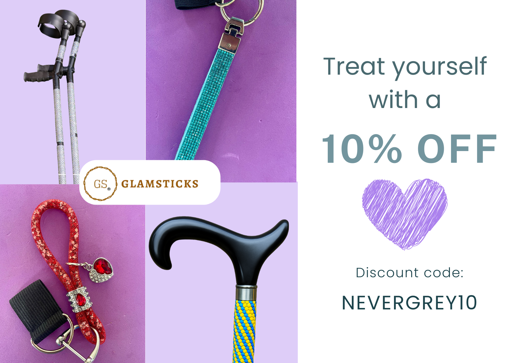 Quad of images for Glamsticks products with 10% off code NEVERGREY10